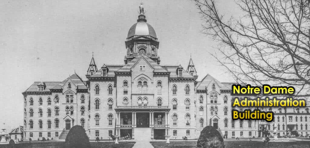 Notre Dame Administration Building historic architecture black and white photo.