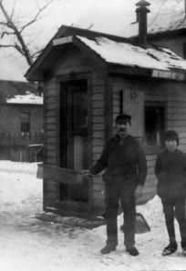 Tiny historical guardhouse in snow, Northern Indiana Historical Society.