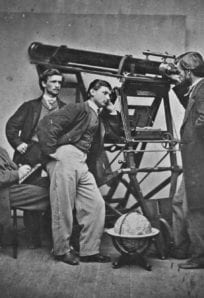 Antique telescope and scientists in historical museum discovery scene, 19th-century science exploration.