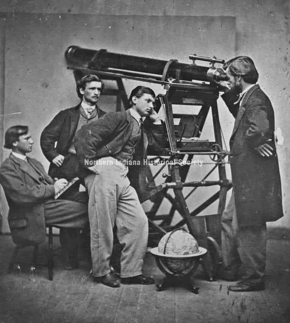 Notre Dame 1870s astronomy lab - resize (1) Antique telescope and scientists in historical museum discovery scene, 19th-century science exploration.