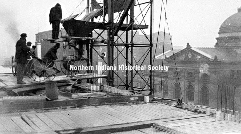 Northern Indiana Historical Society building rooftop historic photo, early 20th-century industrial scene.