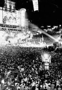 Crowd gathered outside Grauman's Chinese Theatre during the Hollywood Hollywood Stars Parade, late-night event at the historic cinema.