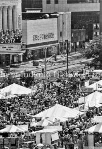 Crowd gathering at the Northern Indiana History Society festival in front of the State Theatre.