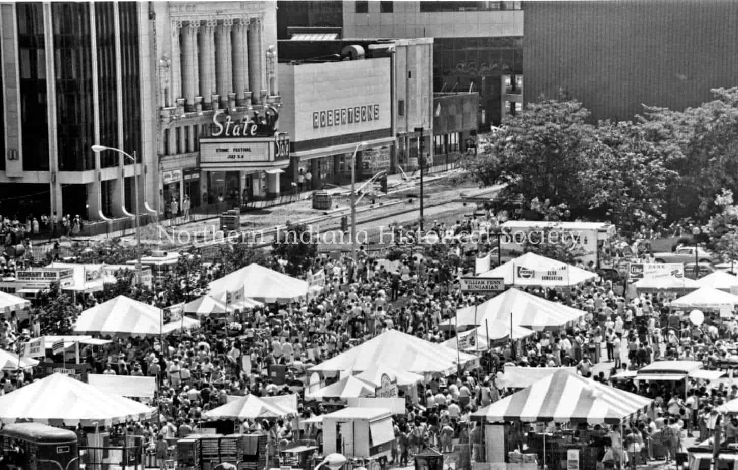 Crowd gathering at the Northern Indiana History Society festival in front of the State Theatre.