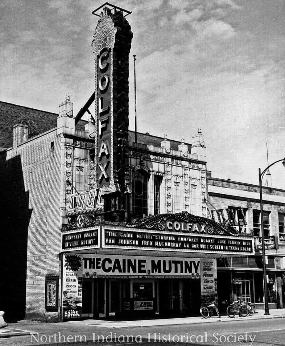 Vintage cinema theater marquee promoting "The Cain Mutiny" in black and white, showcasing historic movie theater architecture.