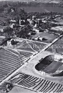 Aerial view of The History Museum and surrounding historic town in Northern Indiana.