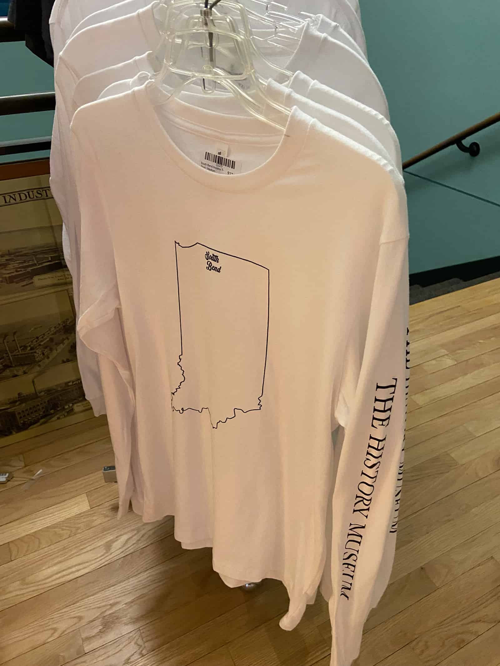 State of Indiana outline T-shirt with Historic Museum slogan on sleeve, casual apparel, souvenir merchandise.