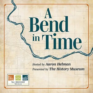 A Bend in Time logo final_no series_1280x Bend in Time podcast promotional graphic with map background and river illustration.