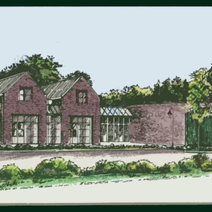 img053 artistic vertical Historic museum building with brick walls and glass conservatory section, surrounded by greenery, in a landscape setting.