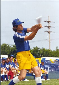 Jugglers at The History Museum, vintage sports and cultural history exhibit, 1980s, showcasing American sports memorabilia and entertainment scenes for historical display.