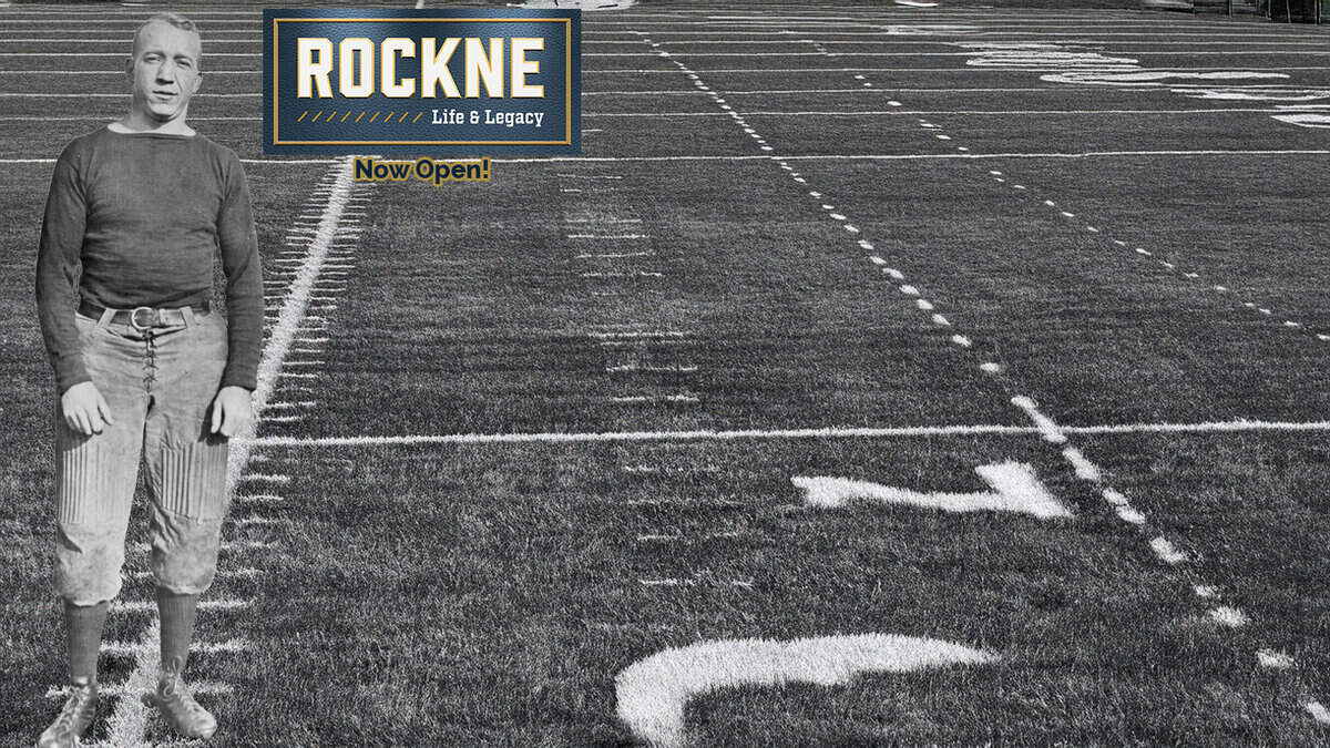 Running tracks at The History Museum football field with vintage football player image in the foreground, showcasing sports history exhibits and athletic legacy.