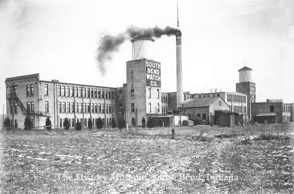 South Bend Watch Co. factory in Indiana, early 20th century, black and white historical industrial building image.