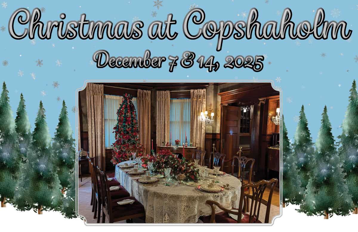 Festive Christmas dining room with decorated Christmas tree, elegant table setting, and vintage interior decor for holiday celebration at The History Museum in Brooklyn, NY.