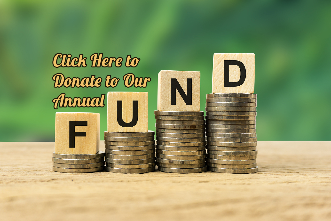 1. Donate to The History Museum's annual fundraising campaign with stacked coins and wooden blocks spelling F, U, N, D for community support and preservation.
