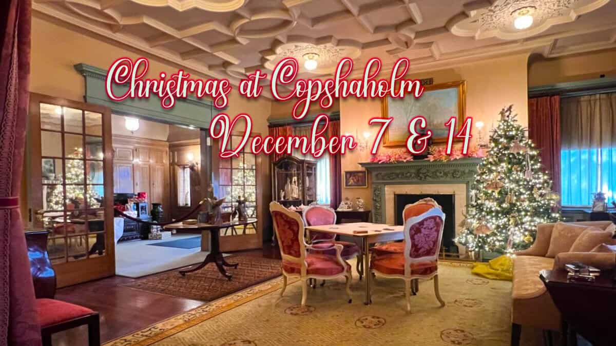 Festive Christmas scene at Copshaholm historic house decorated for holidays with a Christmas tree, elegant furnishings, and holiday accents, promoting holiday events at The History Museum.