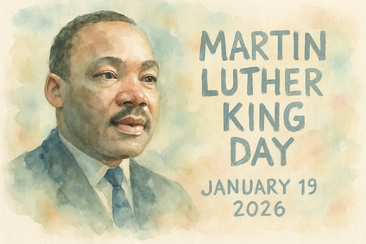 Promotional watercolor illustration of Martin Luther King Jr. celebrating Martin Luther King Day on January 19, 2026, highlighting Black history and civil rights movement.